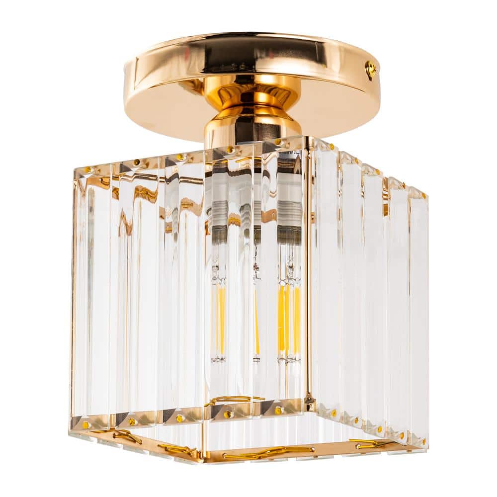 5.5 In 1 Light Gold Square Crystal Semi Flush Mount with Crystal Shade - Hercitys