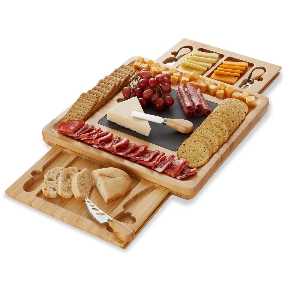 14.25 in. Traditional Natural Brown Bamboo Cheese Board with Slate Cheese Plate and Cheese Knives - Hercitys