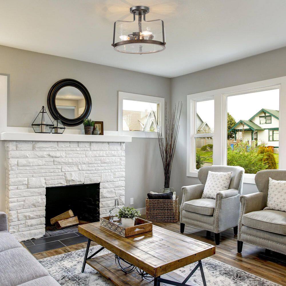 14 in. 3-Light Black Semi-Flush Mount Ceiling Light with Seeded Glass Shade - Hercitys