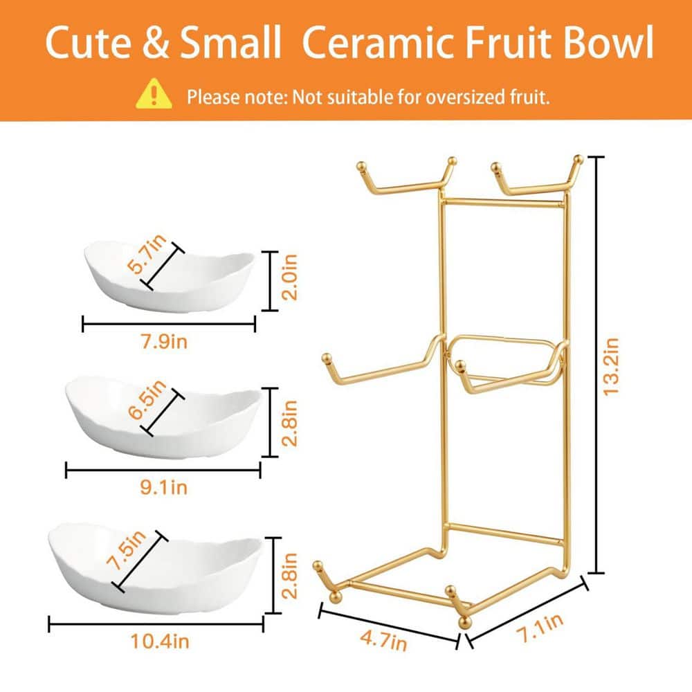 3-Tier White Ceramic Fruit Bowl with Metal Gold Stand, Fruit Basket for Kitchen Counter - Hercitys