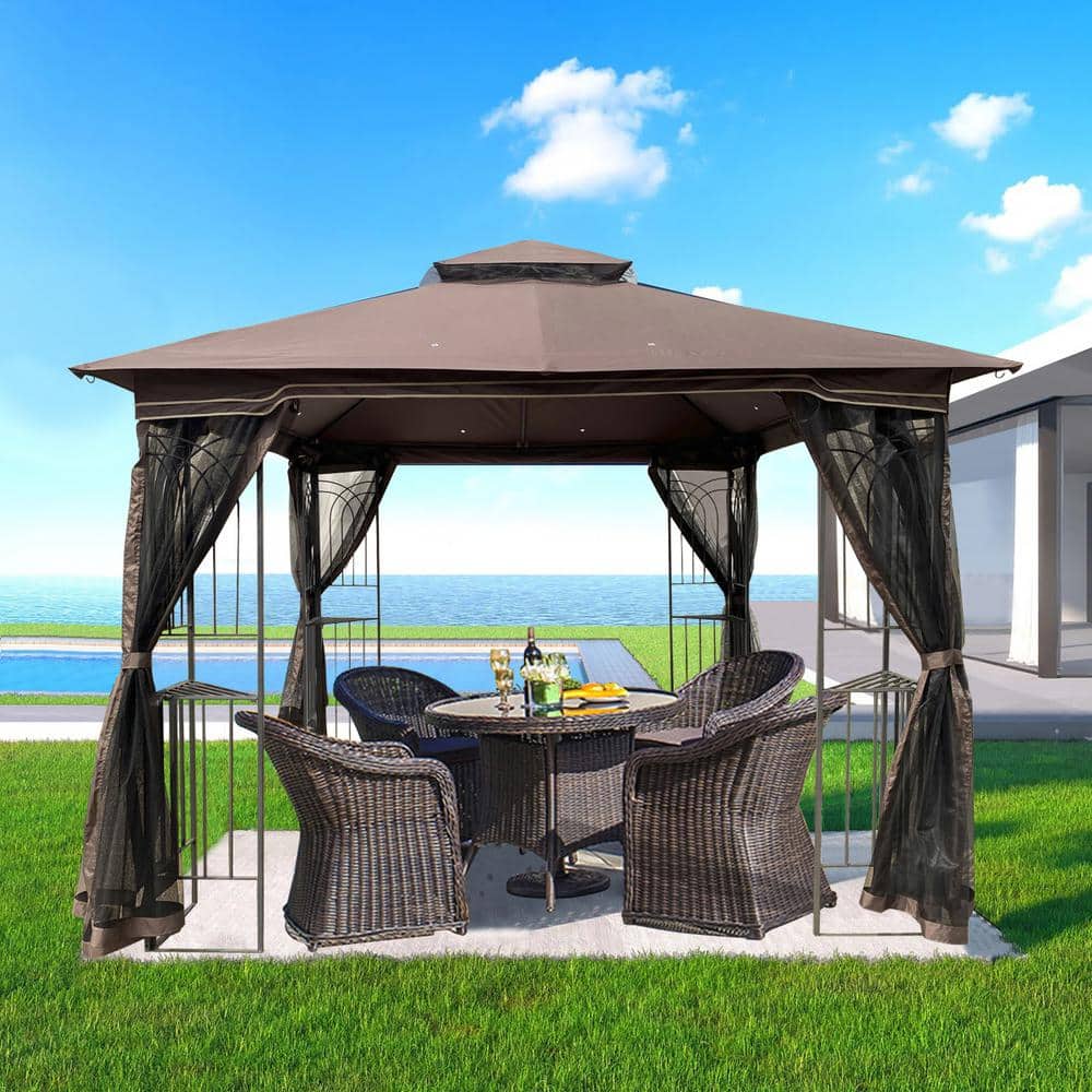 10 ft. x 10 ft. Brown Patio Double Roof Gazebo Replacement Canopy Top Only - Hercitys