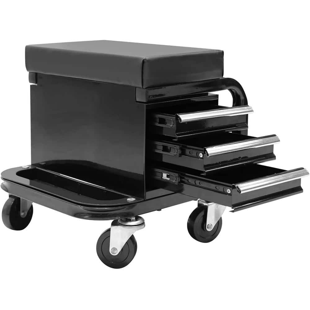 350 lbs. 14.6 in. L 3-Drawer Rolling Mechanic Creeper Seat with Can Organizer - Hercitys