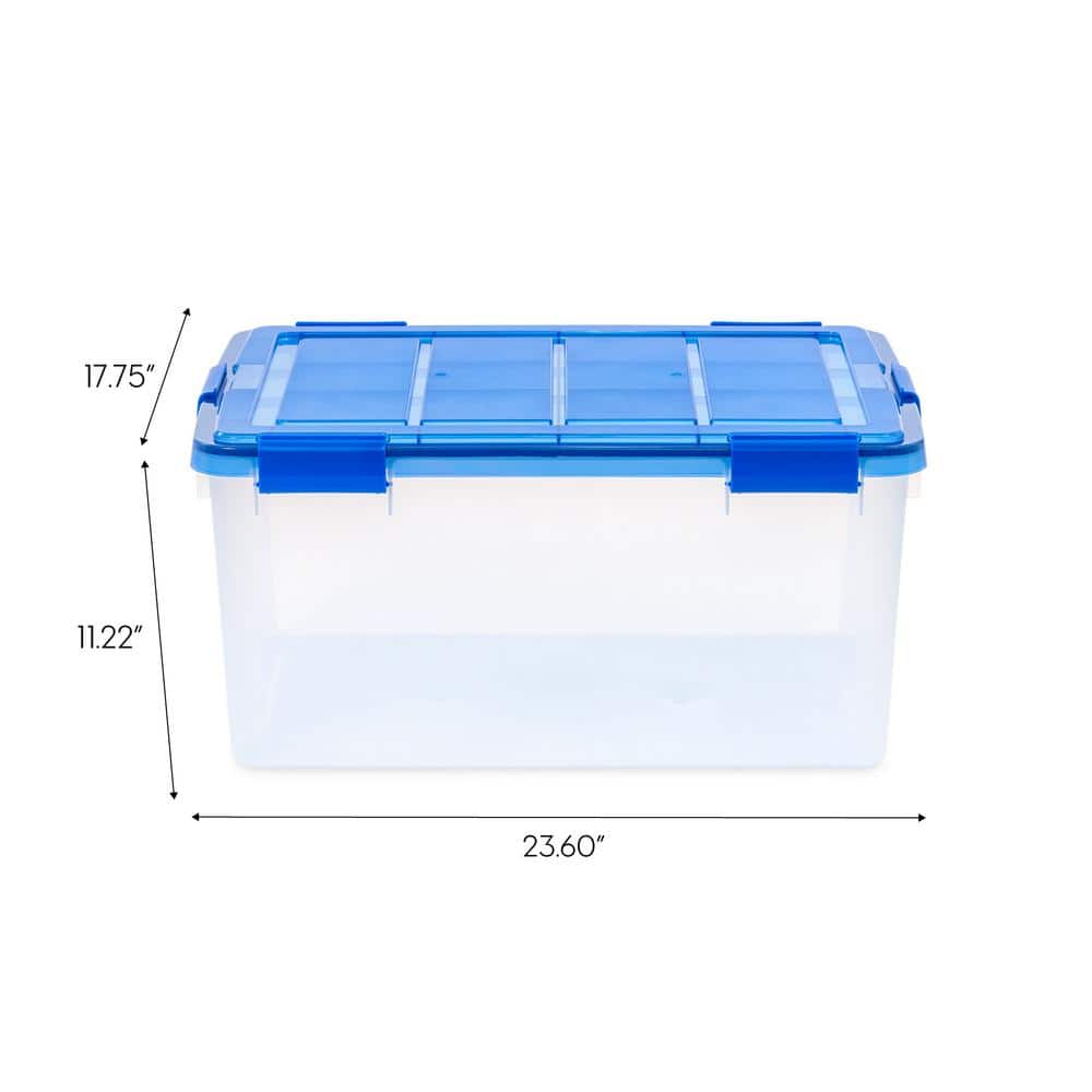 15 Gal./60 Qt. Lockable Plastic Storage Tote in Clear with Sturdy Blue Lid and Buckles (4-Pack) - Hercitys