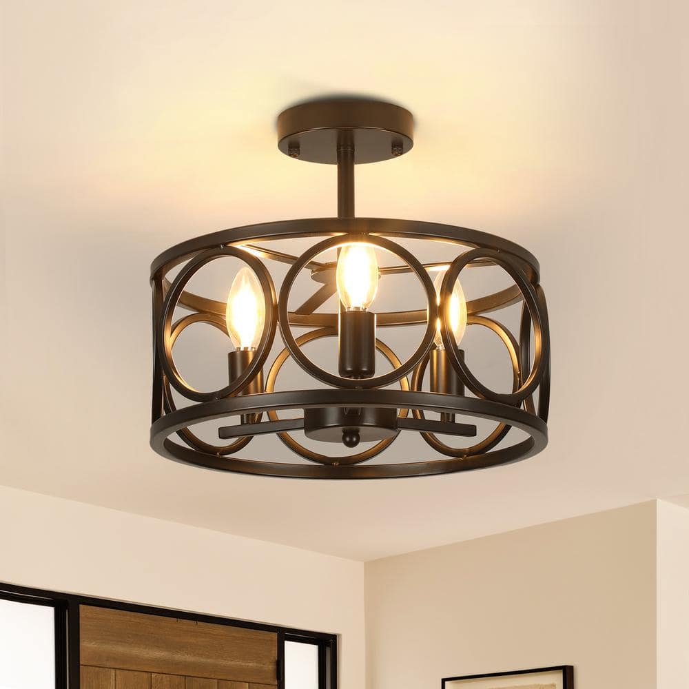 13 in. 3-Light Black Cage Drum Semi-Flush Mount Ceiling Light Fixtures Industrial Farmhouse Style for Kitchen Island - Hercitys