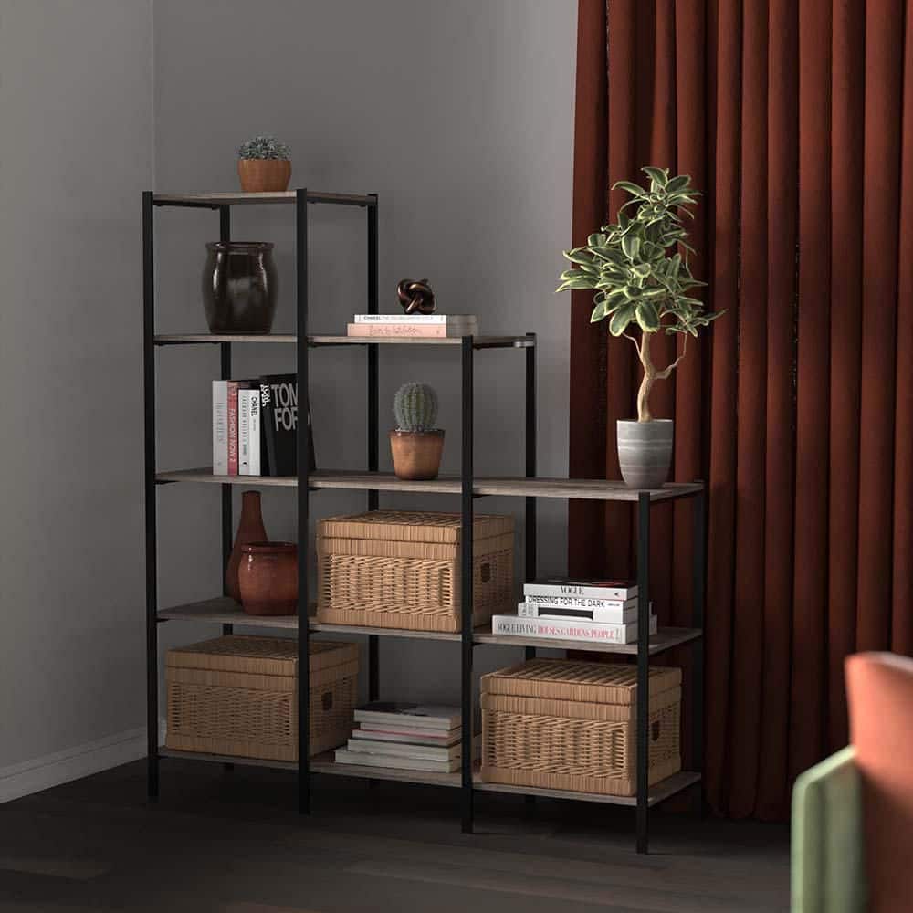 5-Tier Weathered Gray Freestanding Shelving Unit for Living Rooms and Home Offices - Hercitys