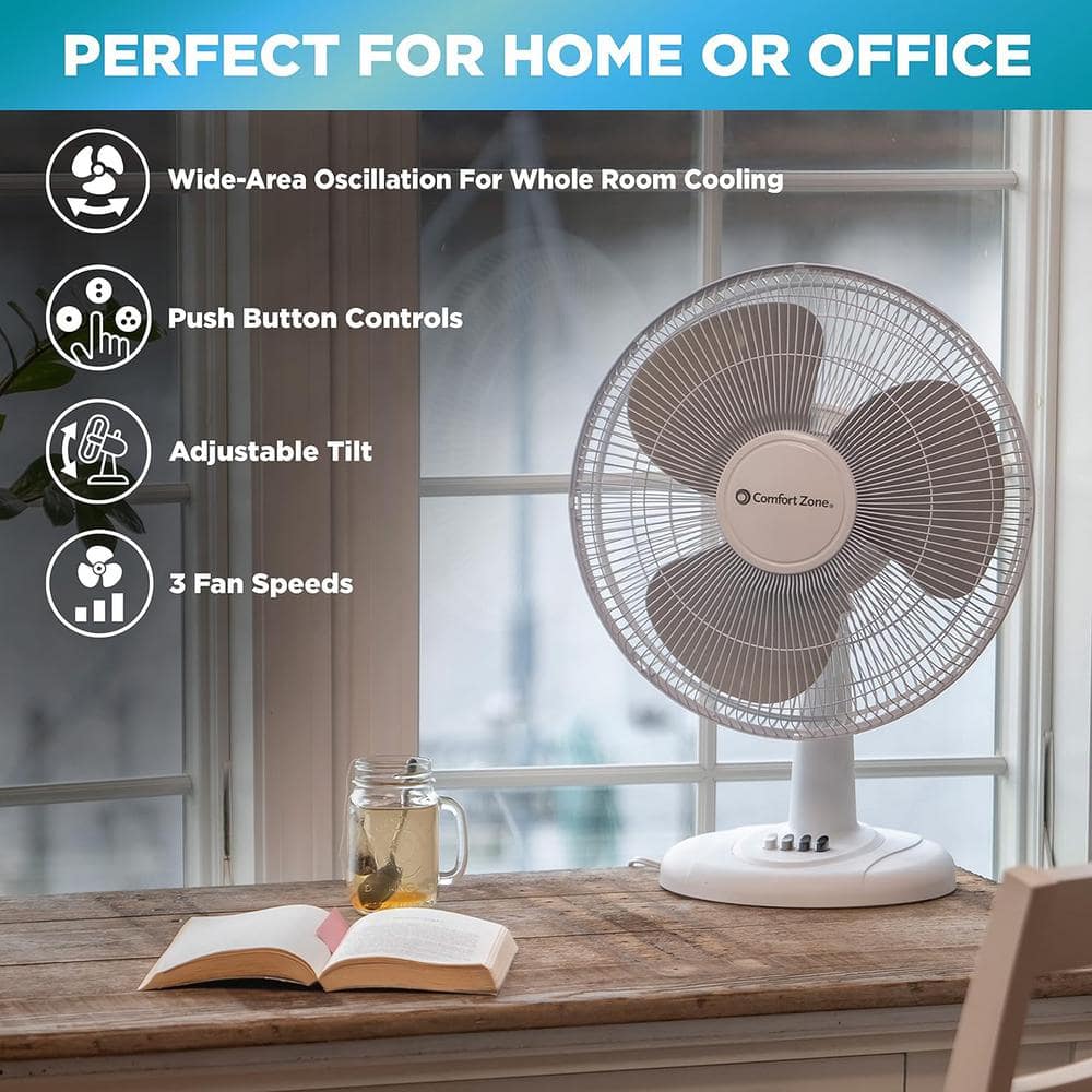 17 in. 3 Speed Oscillating Table Fan with Adjustable Tilt, Convenient Push Button Controls, White - Hercitys