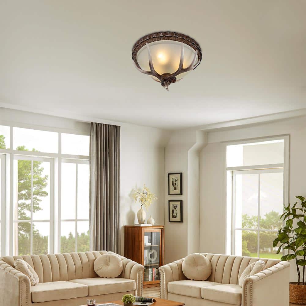 16.5 in. 3-Light Antique Colors Vintage Resin Antler Round Flush Mount Ceiling Light with Glass Lampshade - Hercitys