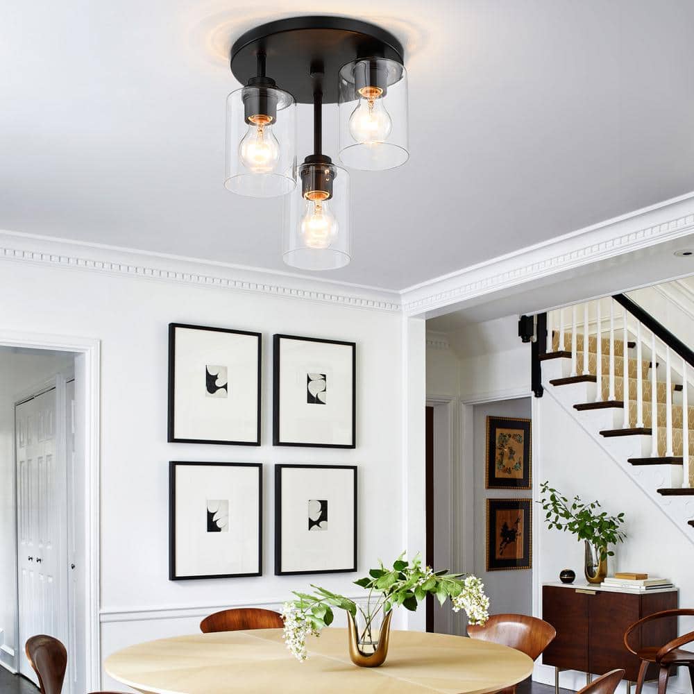 11 in. 3-Light Modern Black Flush Mount Ceiling Light with Clear Glass Shades - Hercitys