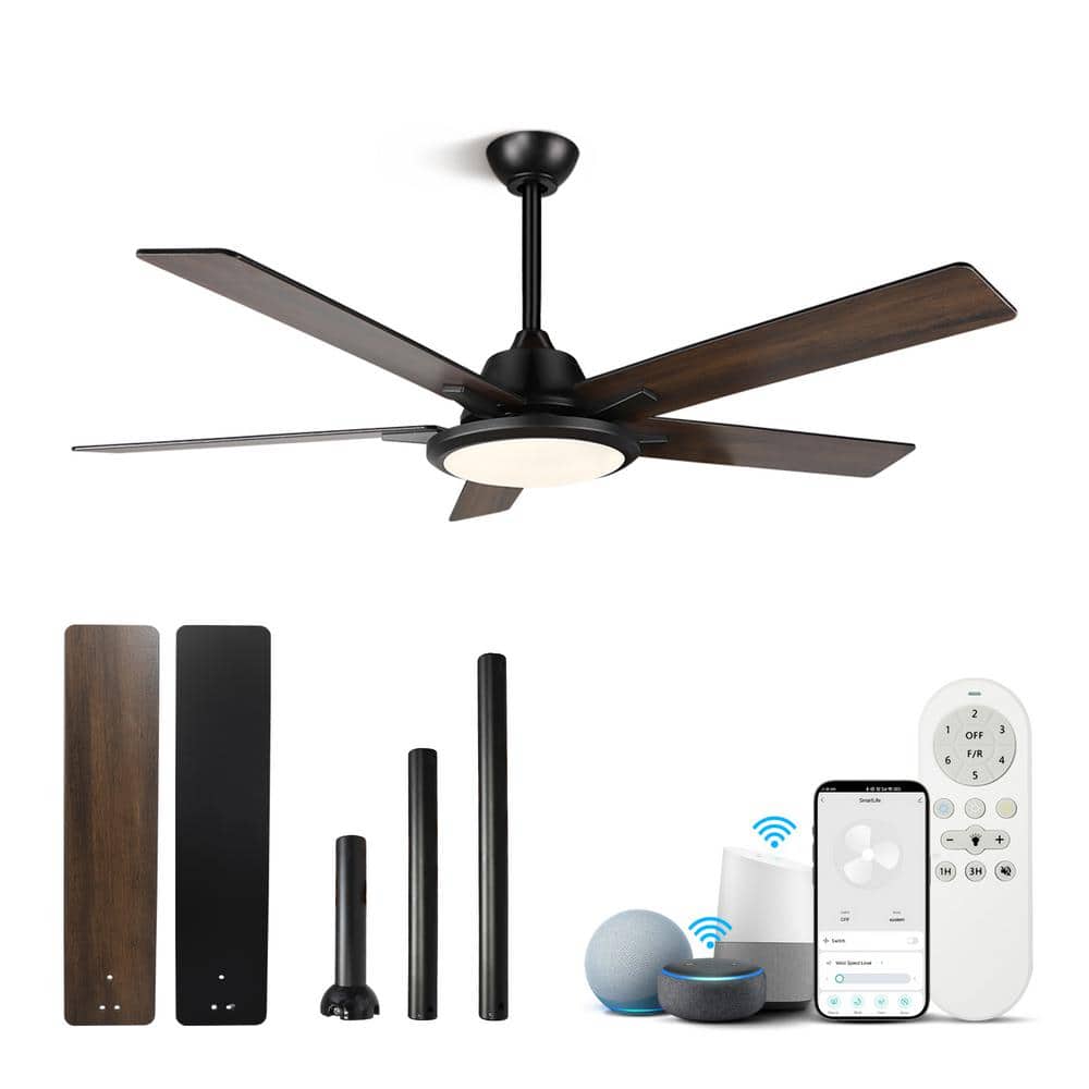 52 in. Indoor/Outdoor Black Smart Wi-Fi Ceiling Fan w/Color Changing Integrated LED & Remote, Works w/Alexa/Google Home - Hercitys