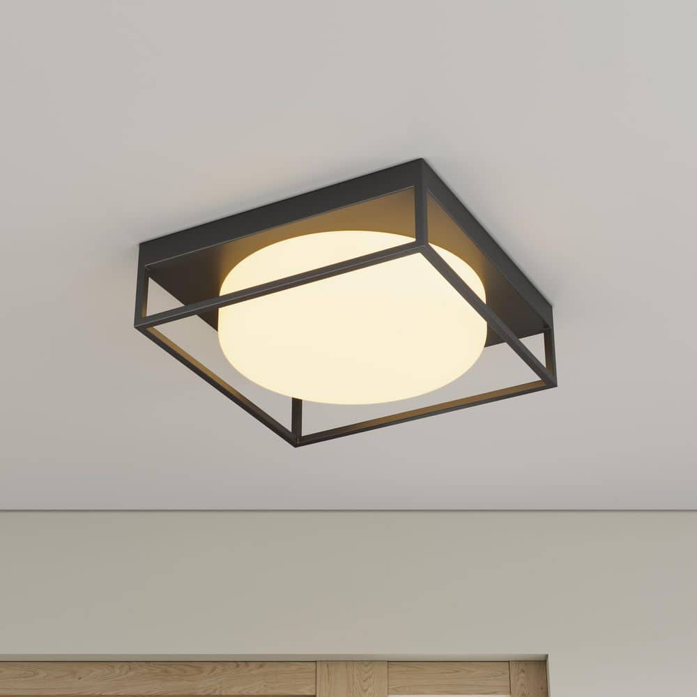 13 in. 2-Light Industrial Black Flush Mount Farmhouse Close to Ceiling Light Fixture with White Glass Shade - Hercitys