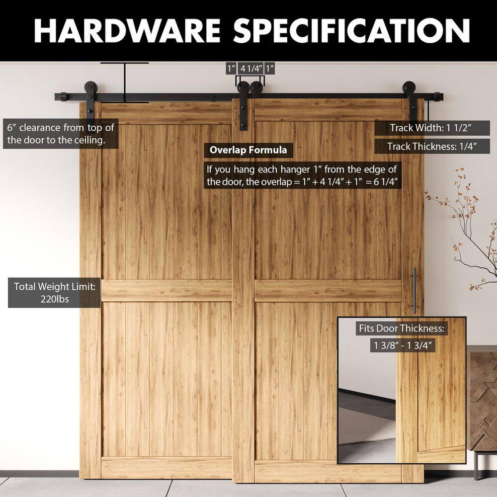 10 ft./120 in. Black Rustic Single Track Bypass Sliding Barn Door Hardware Kit Straight Design Roller for Double Doors - Hercitys