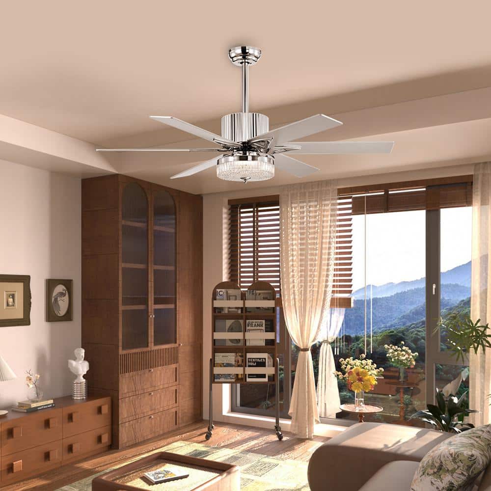52 in. Indoor Chrome Reversible Motor Crystal Chandelier Ceiling Fan with Light and Remote Control - Hercitys