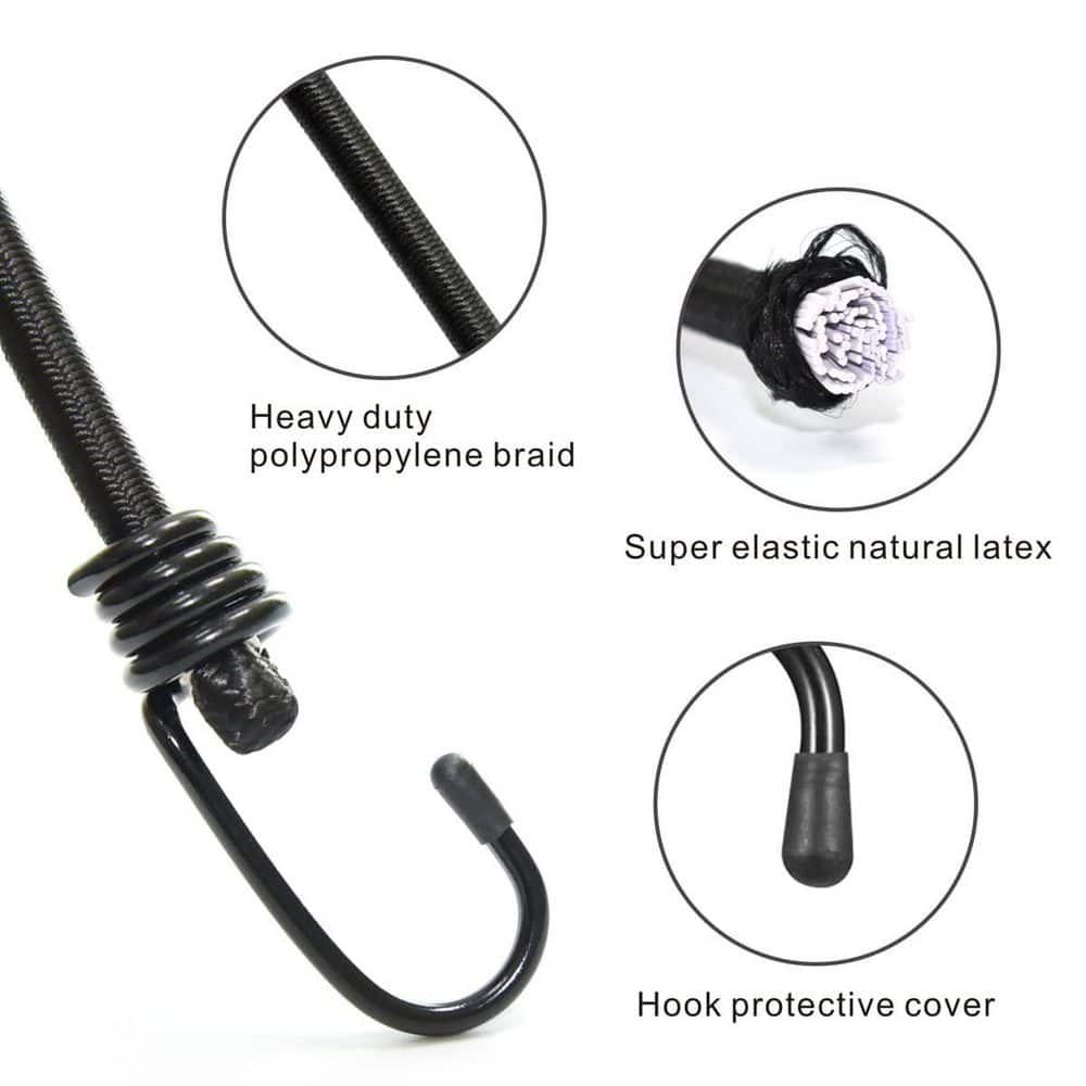 48 in. Heavy Duty Outdoor Elastic Bungee Cords with Hooks for Securing Tarps and Garden Tidying, Black (4-Pack) - Hercitys