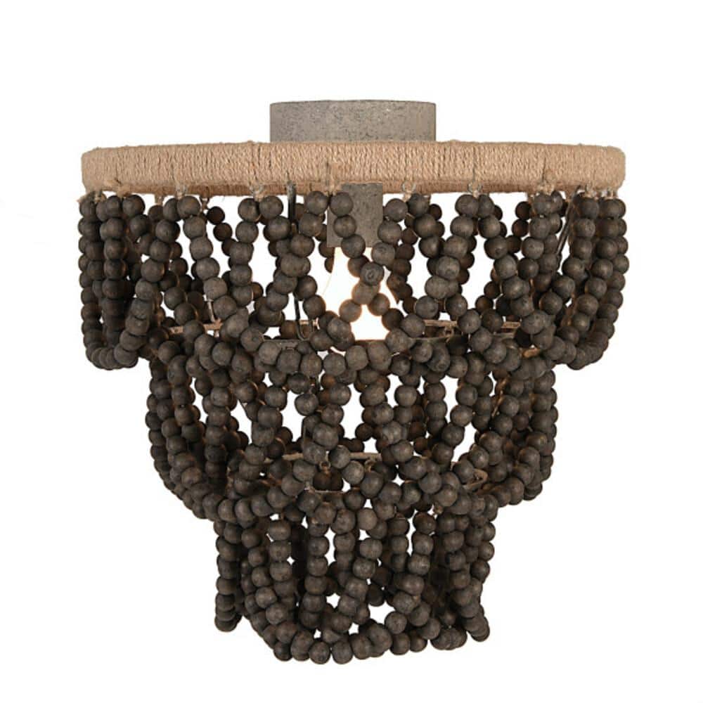 1-Light Distressed Grey 2-Tier Draped Chandelier with Wood Bead Shade - Hercitys