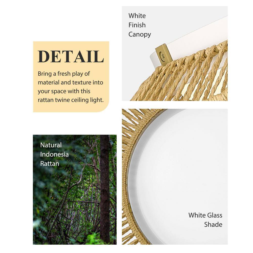 15.5 In. 16-Watt Integrated LED Boho Flush Mount Ceiling Light Hand-Woven Dimmable Lighting - Hercitys