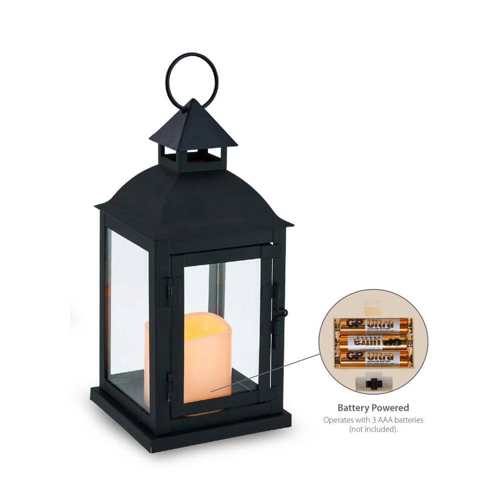 (Set of 2) Black Traditional Metal Lanterns 3 in. x 4 in. LED Pillars Included - Hercitys