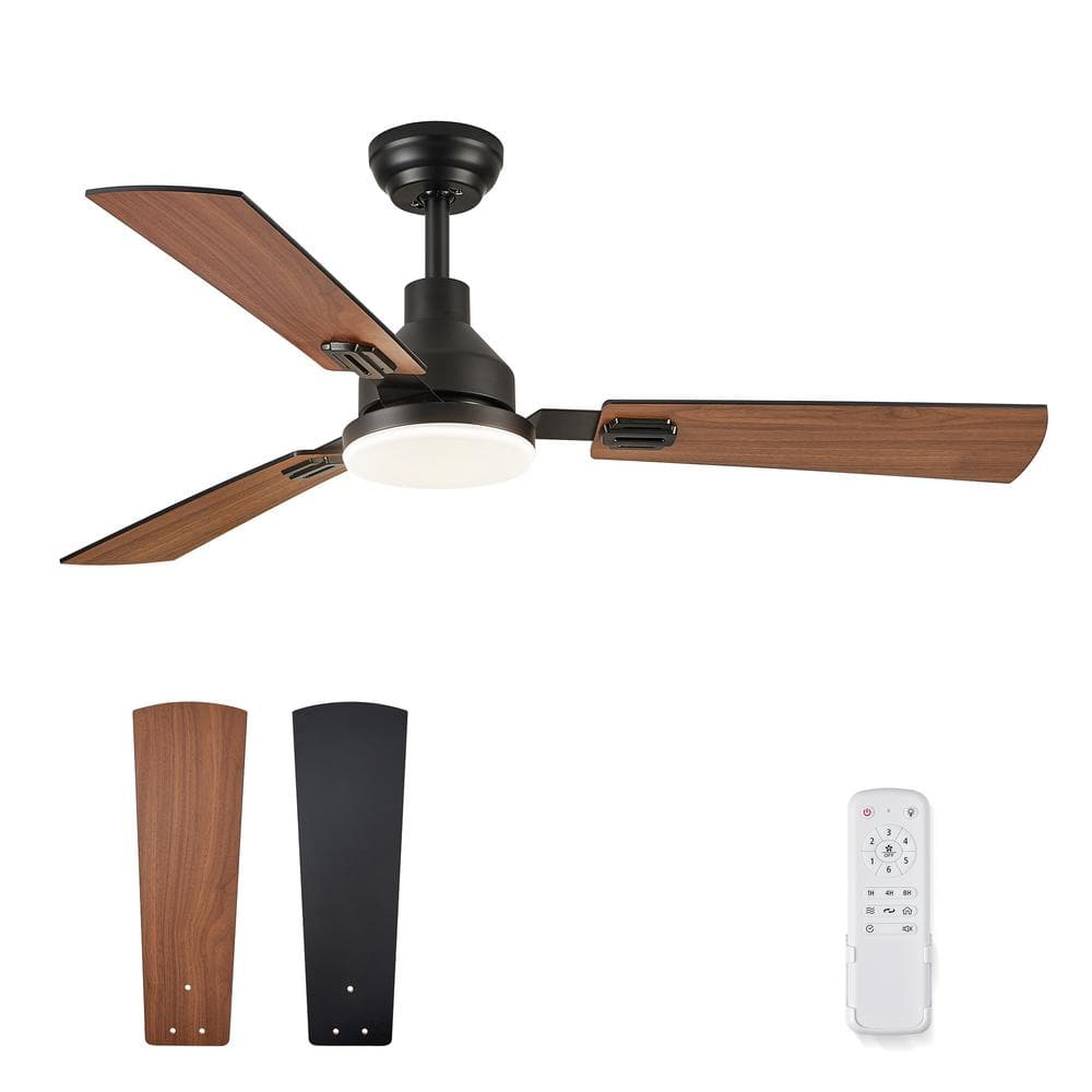 52 in. Indoor Matte Black 3-Colors LED 6-Speeds Ceiling Fan with Dual-Finish Blades and Light Kit and Remote control - Hercitys