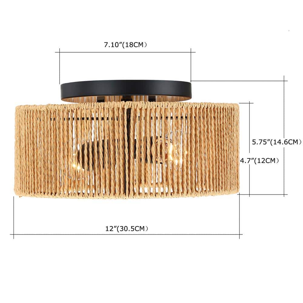 12 in. 2-Light Matte Black Modern Flush Mount with Natural Paper Shade No Bulbs Included - Hercitys