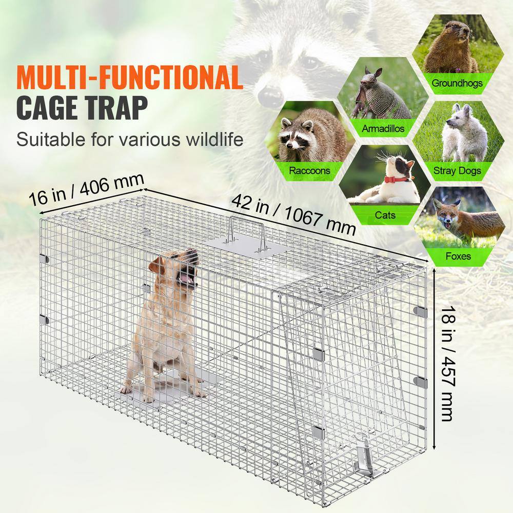 42 in. x 16 in. x 18 in. Live Animal Cage Trap Humane Trap Galvanized Iron Folding Animal Trap with Handle - Hercitys