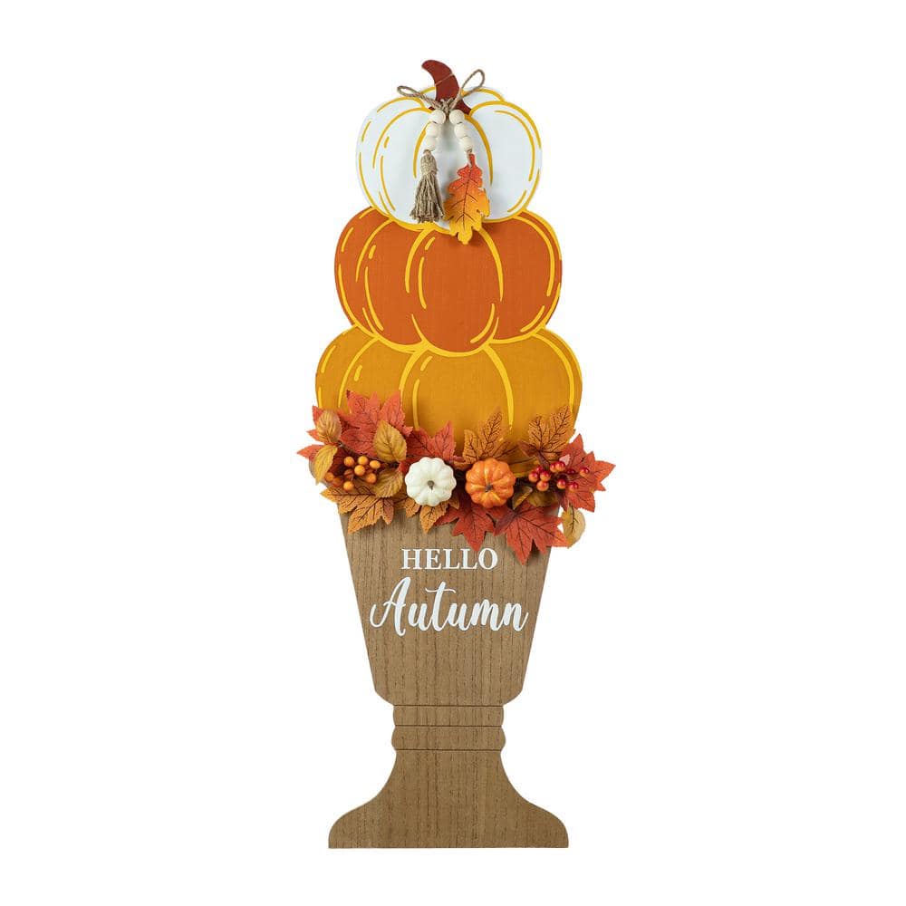 36 in. H Fall Wooden Stacked Pumpkin with Urn Porch Decor - Hercitys