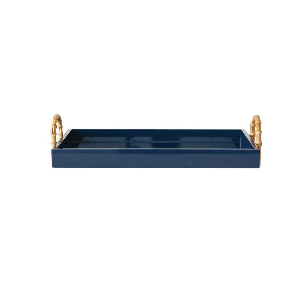 21.5 in. W x 4.6 in. H x 14.5 in. D Rectangle Navy Blue & Gold Finish Wide Wood Serving Tray with Bamboo Handles - Hercitys
