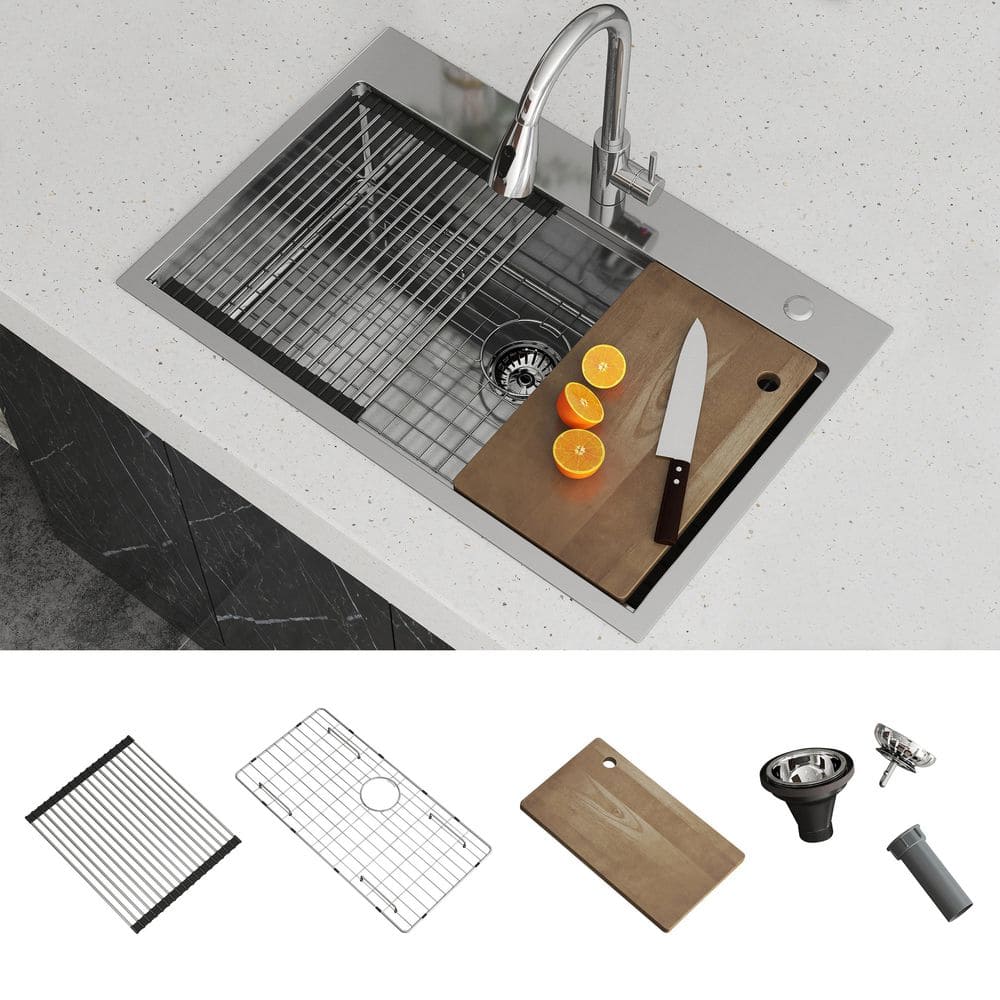33 in. Drop-In/Undermount Single Bowl 16 Gauge Gunmetal Sliver Stainless Steel Kitchen Sink with Bottom Grids - Hercitys