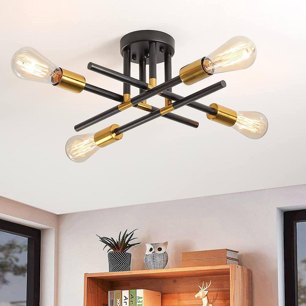 18.5 in. 4-Light Black/Gold Dimmable Sputnik Linear Chandelier Semi Flush Mount Chandelier for Living Dining Room Foyer - Hercitys