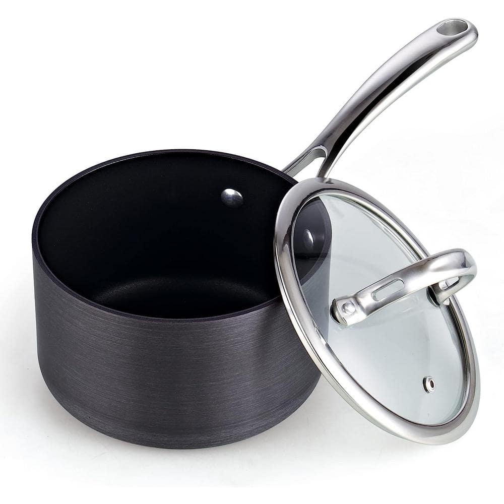 3 qt. Hard-Anodized Aluminum Nonstick Sauce Pan in Black with Glass Lid - Hercitys