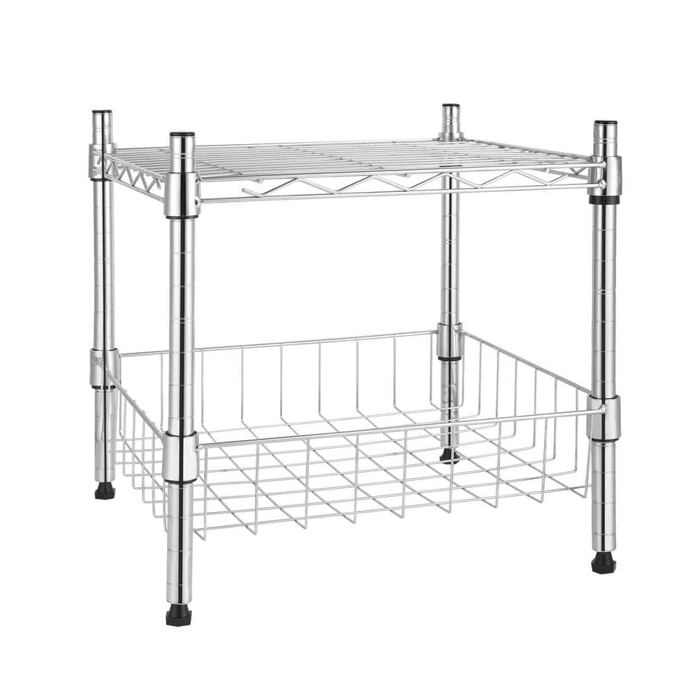1 Tier Metal Stackable Household Shelving Unit in Chrome with Basket (13.8 in. W x 14.6 in. H x 15 in. D) - Hercitys