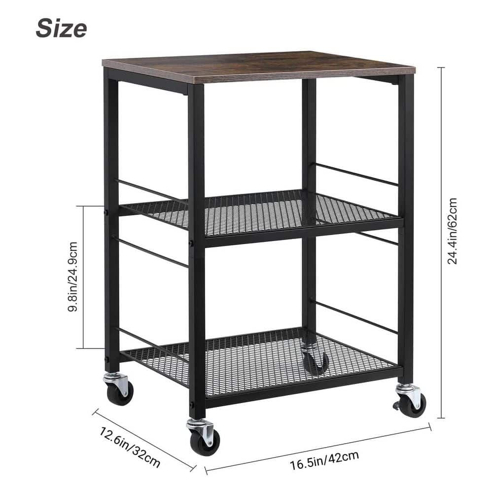 3-Tier Rolling Cart, Brown Kitchen Microwave Cart with Wheels and Storage, Utility Cart for Kitchen - Hercitys