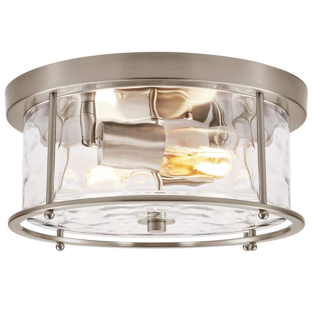12.5 in. 2-Light Nickel Flush Mount Water Ripple Glass Ceiling Light with Metal Frame - Hercitys
