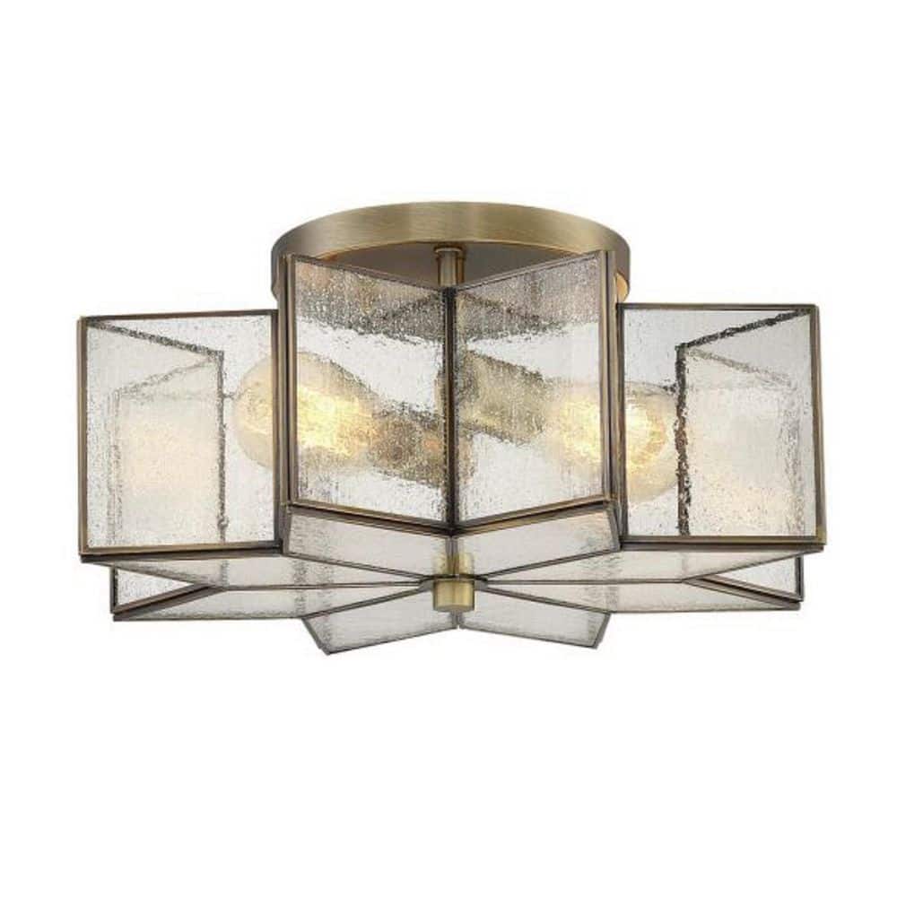 16 in. W x 7 in. H 2-Light Natural Brass Semi-Flush Mount Ceiling Light with Clear Seeded Glass Shade - Hercitys