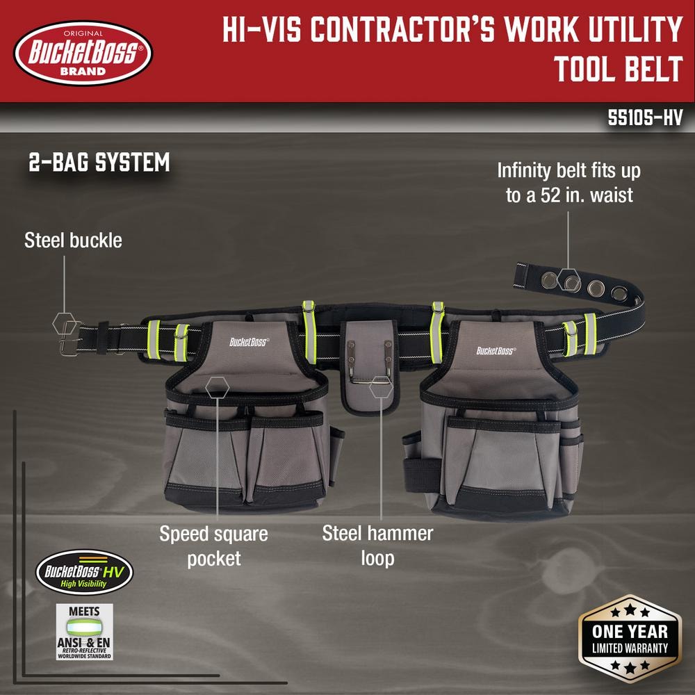 2-Bag Adjustable High Visibility Contractor’s Work Tool Belt - Hercitys