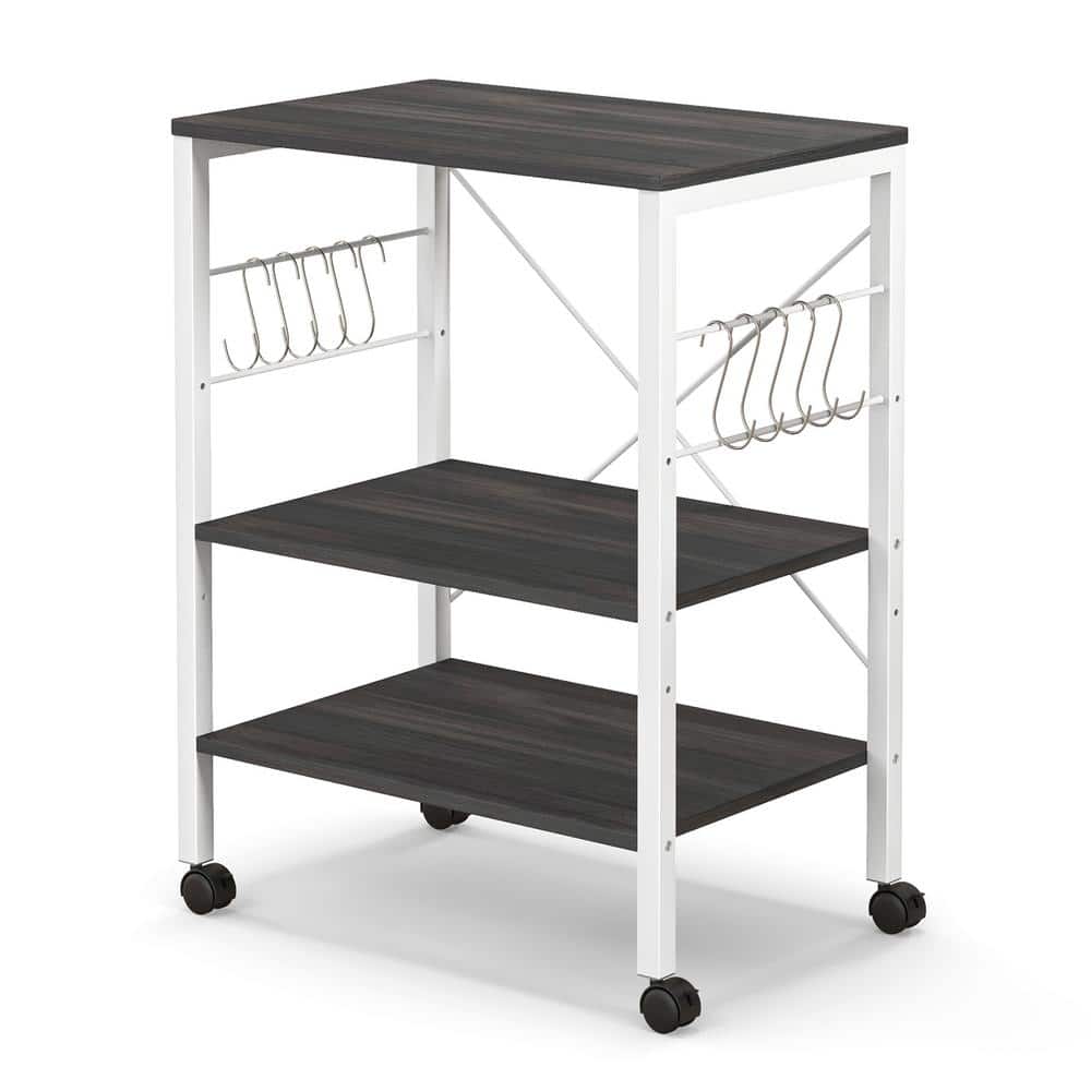 3-Tier Kitchen Baker’s Rack Microwave Oven Storage Cart with Hooks Brown - Hercitys