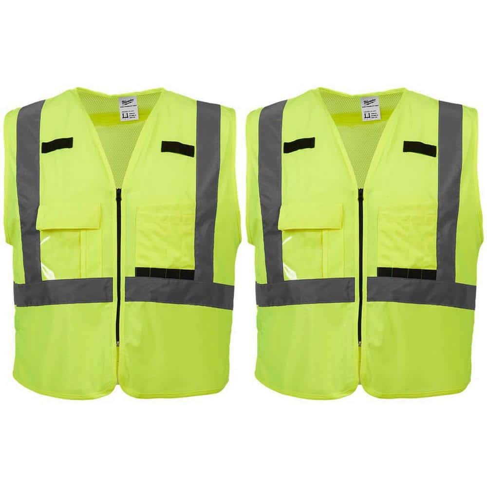 2X-Large/3X-Large Yellow Class 2-High Visibility Safety Vest with 10 Pockets (2-Pack) - Hercitys