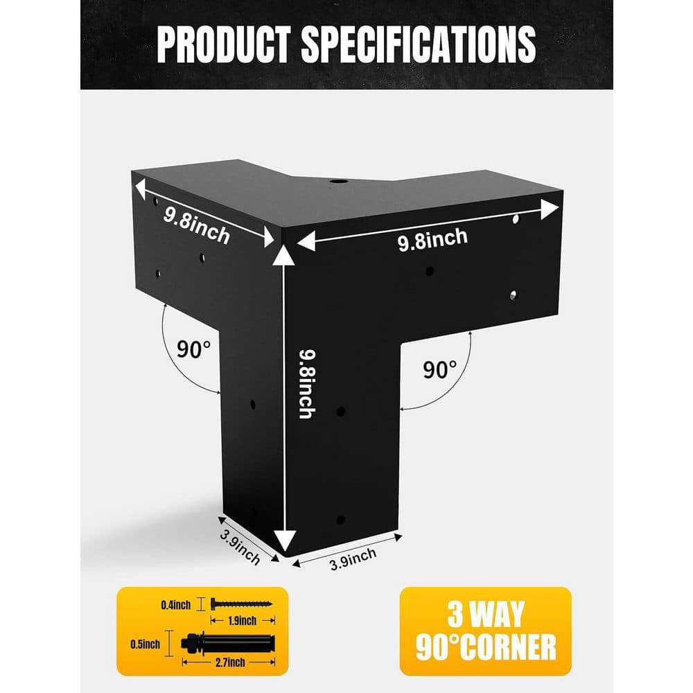 4 in. x 4 in. 3-Way Right Angle Corner Pergola Brackets for Gazebos, Patios and Gardens (4Pcs) - Hercitys