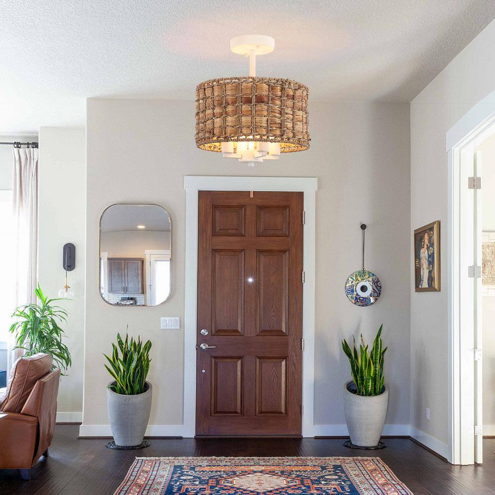 11.81 in. 4-Light Distressed White Drum Natural Rattan Seagrass Semi Flush Mount Ceiling Light with No Bulbs Included - Hercitys