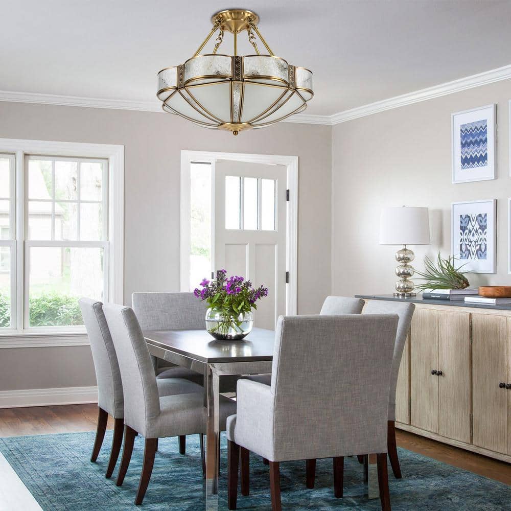 17.71 in. 4-Light Gold Retro Flower-Shaped Semi-Flush Mount Ceiling Light with Glass Shade, No Bulbs Included - Hercitys