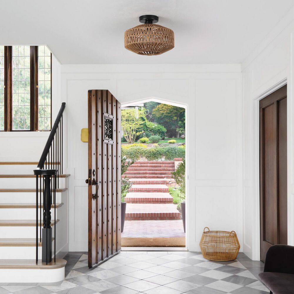 11.81 in. 3-Light Black Brown Farmhouse Semi-Flush Mount Light with Hemp Ropes Shade and No Bulbs Included - Hercitys