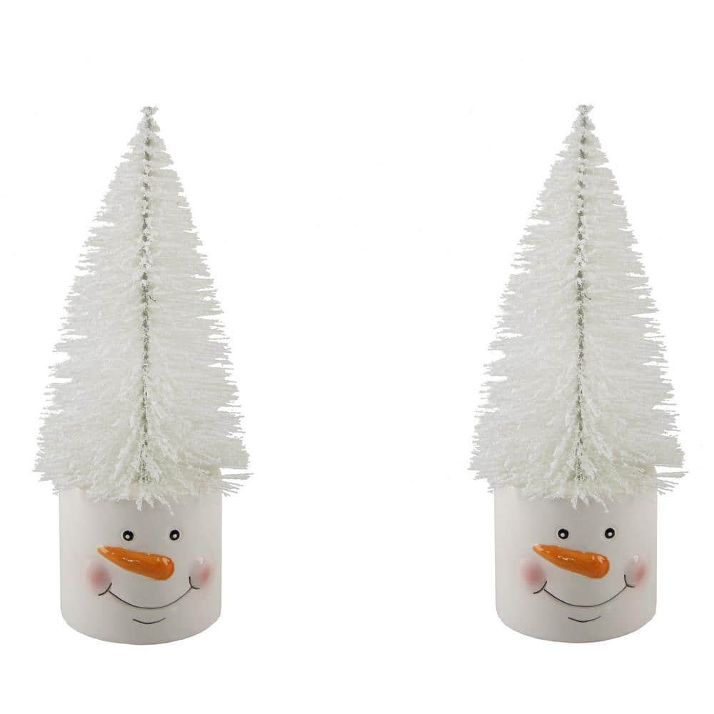 10 in. H Ceramic Mini Artificial Christmas Trees Snowman Pot in White (Set of 2) - Hercitys