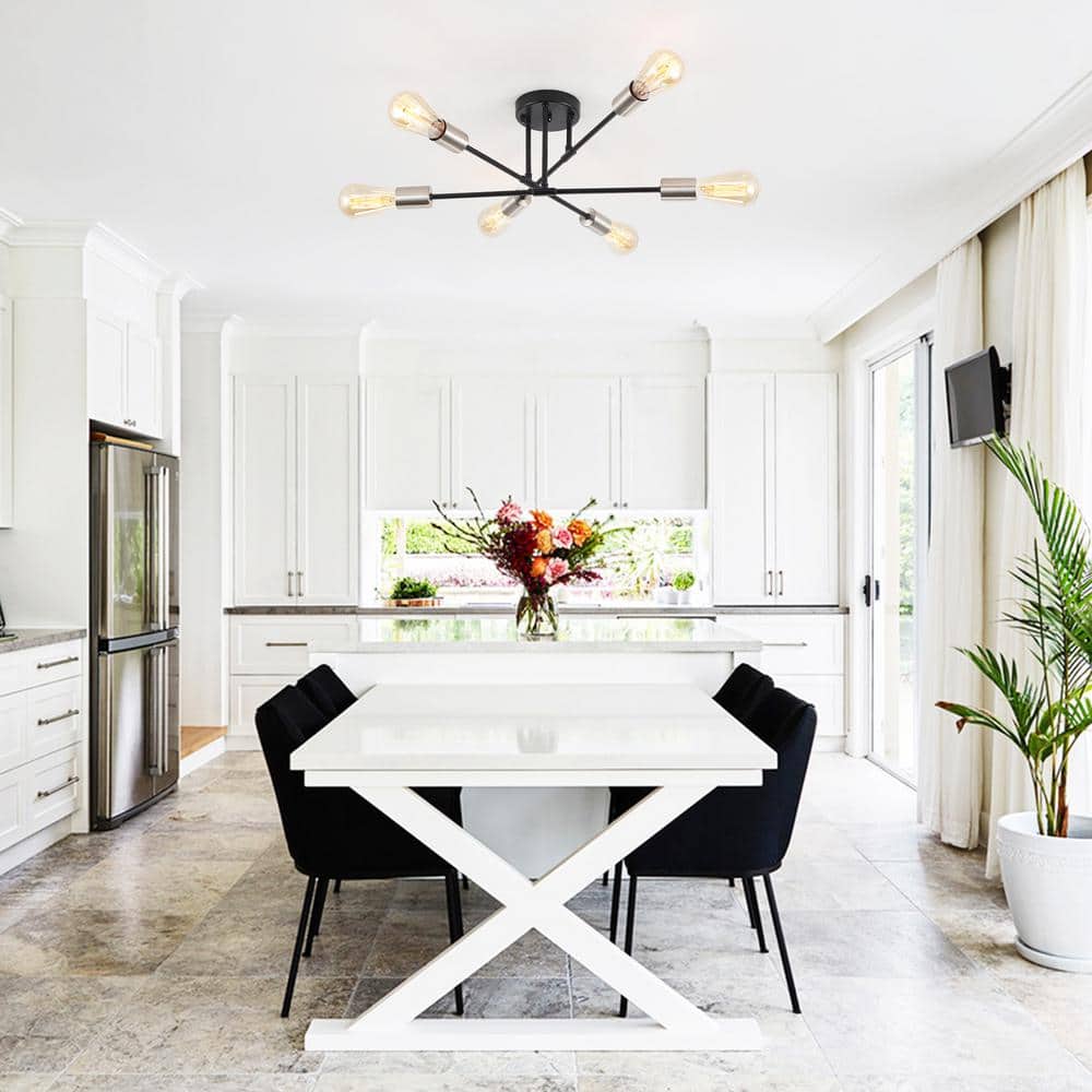 20.66 in. 6-Light Modern Black/Nickel Semi- Flush Mount for Bedroom Foyer with No Bulbs Included - Hercitys