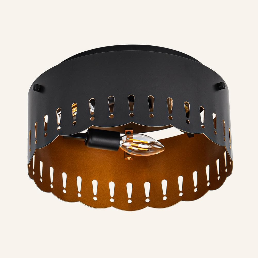 12 in. 3-Light Matte Black Industrial Drum Flush Mount Ceiling Light with Brass Inside Finish and Wavy Brim Fixture - Hercitys