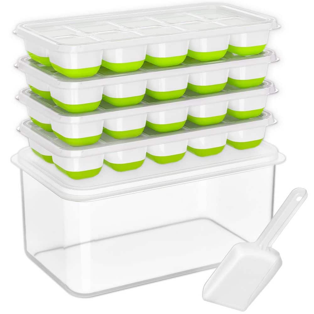 4-Pack Green Stackable Silicone Plastic Ice Cube Tray with Lid, Scoop and Bin for Soup, Food, Cocktail and Coffee - Hercitys
