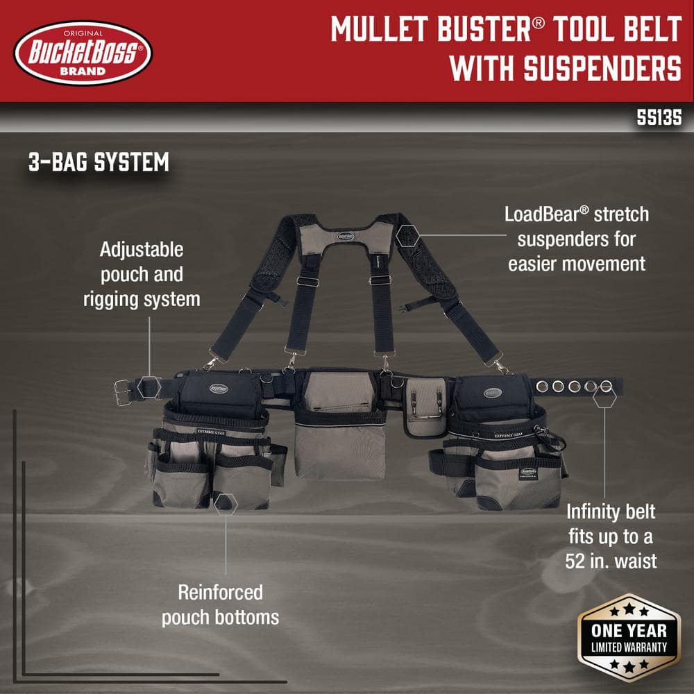 3-Bag Mullet Buster Adjustable Tool Belt Tool Storage Suspension Rig with Suspenders and 29-Pockets in Grey - Hercitys
