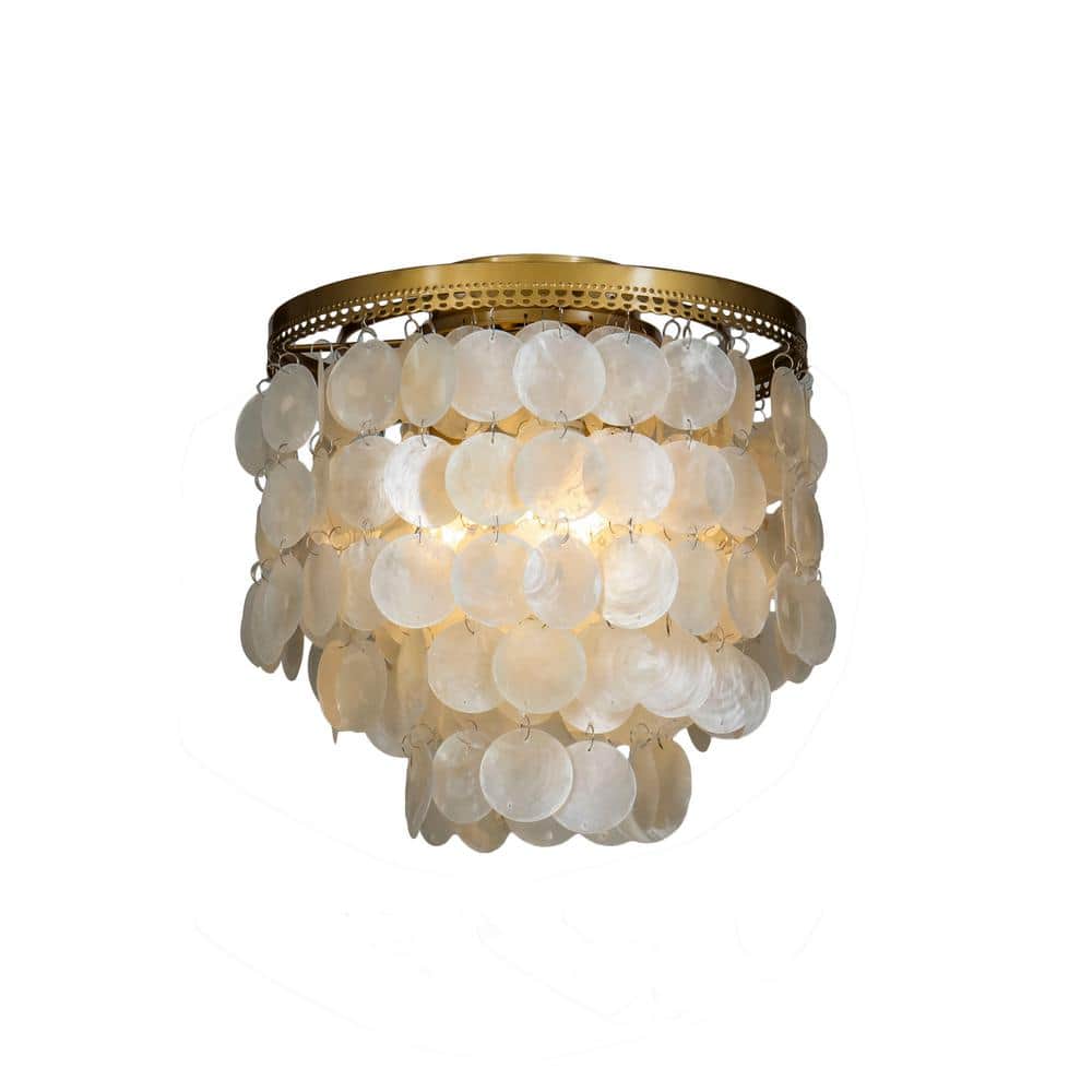 13in 3-Light Small Coastal Natural Capiz Seashell Flush Mount Lighting in Antique Brass - Hercitys