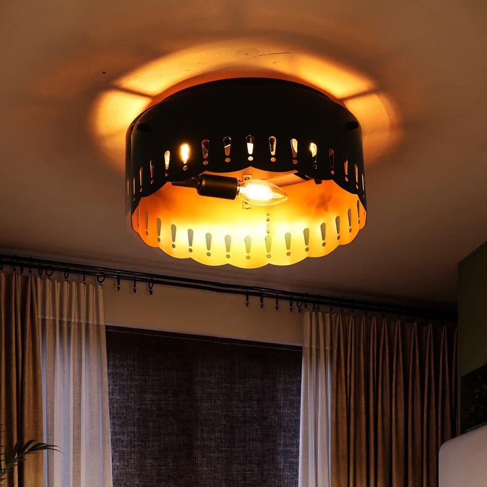 12 in. 3-Light Matte Black Industrial Drum Flush Mount Ceiling Light with Brass Inside Finish and Wavy Brim Fixture - Hercitys