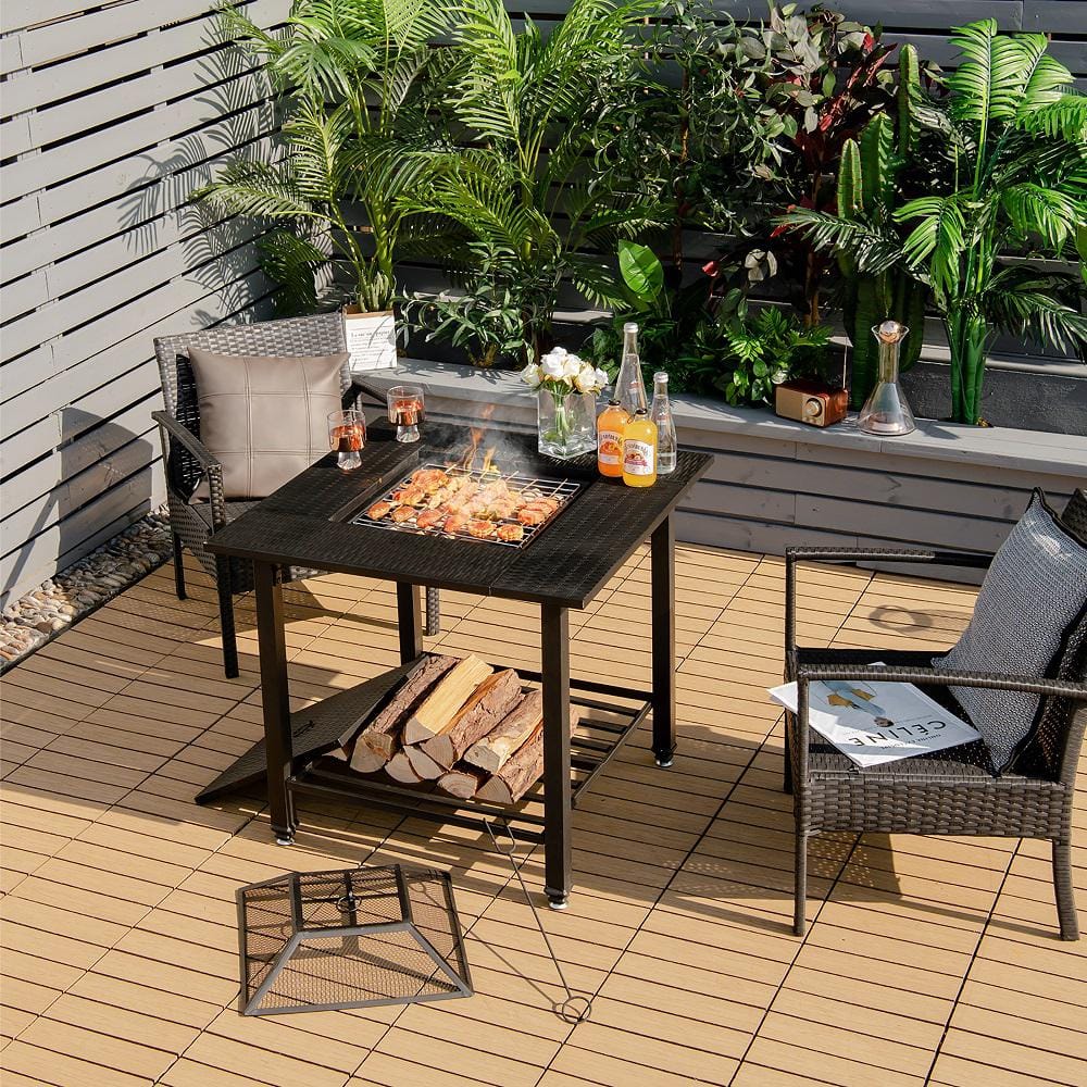 31 in. Outdoor Steel Fire Pit Dining Table Charcoal Wood Burning W/Cooking BBQ Grate - Hercitys