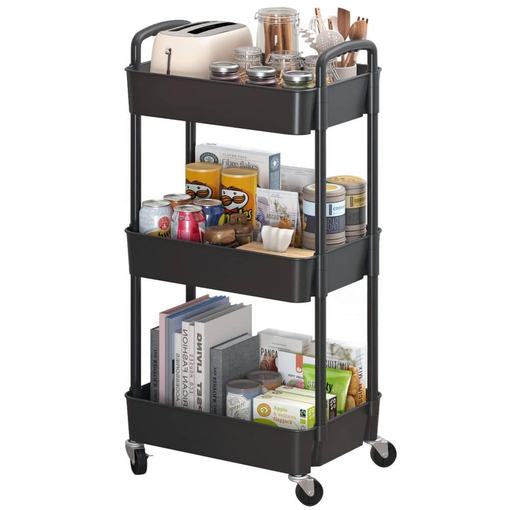 3-Tier Plastic-Wheeled Storage Utility Cart in Black - Hercitys