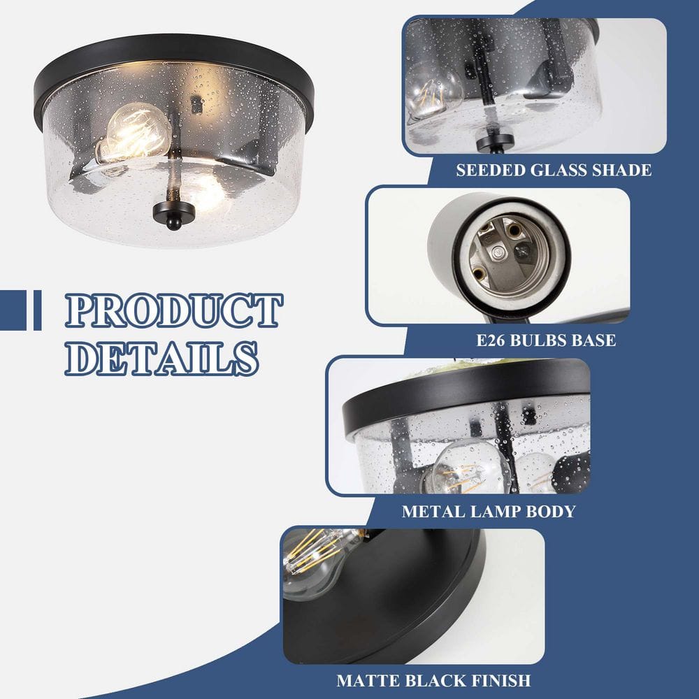10.63 in. 2-Light Black Farmhouse Flush Mount with Seeded Glass Shade and No Bulbs Included (2-Pack) - Hercitys