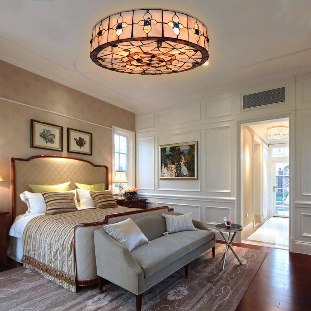 18 in. 3-Light Brown Tiffany Flush Mount Ceiling Light Art Decor - Hercitys